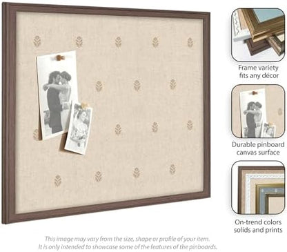 Kate and Laurel Framed Fabric Pinboard 38 x 26, Beige Botanical Block Print Printed Linen Classic Bulletin Board for Use as a Vision Board or Wall Organization, Florence Medium Brown Frame