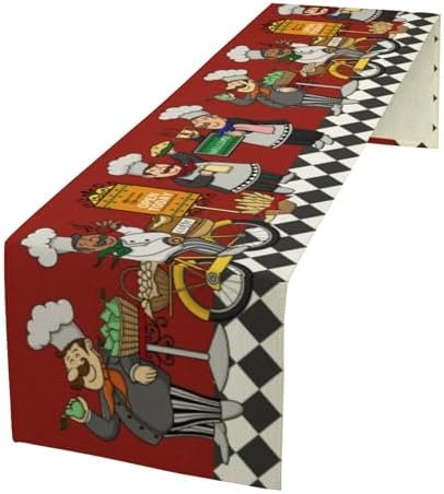 Retro Chef Table Runner,Farmhouse Burlap Table Runners for Party Wedding, Chef Decorations for The Kitchen, Chef Kitchen Decor 13x60in