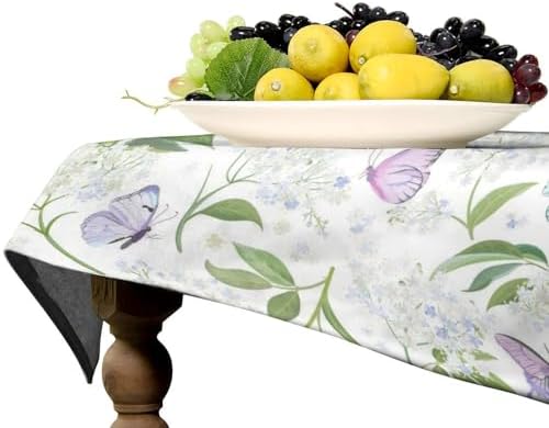 Butterfly Floral Tablecloth, Spring Summer Watercolor Flowers Plants Leaves Print Table Cover for Party Picnic Dinner Decor 60x90in
