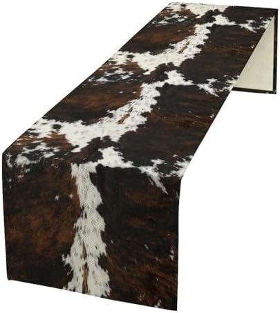 Vintage Cow Print Table Runner, Rustic Cottage Country Farm Animal Fur Skin Pattern Western Style Black Brown Cowhide Print Dinner Runner for Home Kitchen Dining Table Decoration 13x36 Inch