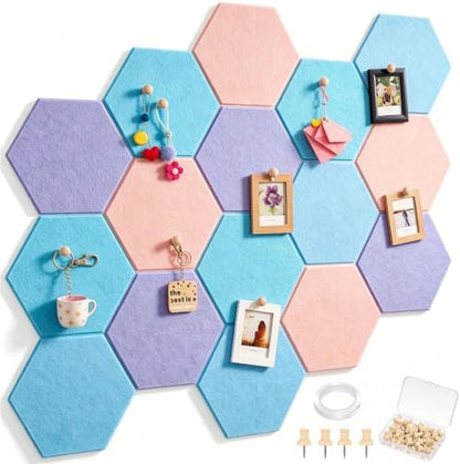 12x10 in 16 Pcs Hexagon Cork Board Tiles, Felt Pin Boards, Pastel