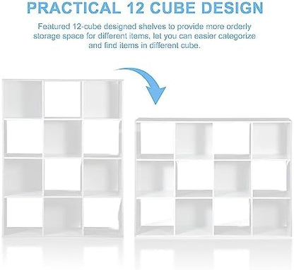 SUPER DEAL 12-Compartment Open Shelf Bookcase, 47 inch Wide Cube Storage Cabinet Wood Cubical Bookshelves Display Unit with 6 Removable Back Panels for Living Room Bedroom, White