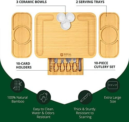 ROYAL CRAFT WOOD Bamboo Cheese Board and Knife Set with Charcuterie Board & Serving Tray with Appetizer Plates & Side Trays (17.5 x 13)