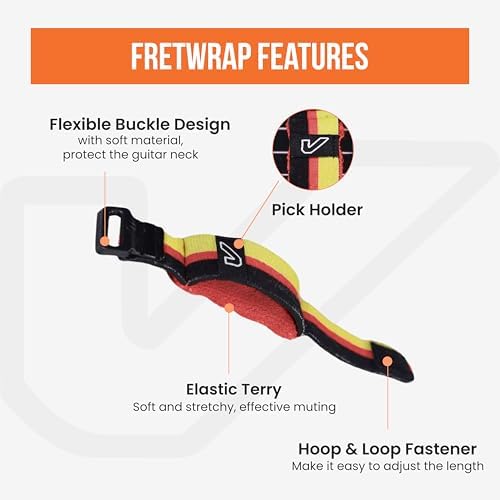 Gruv Gear Fret Wrap & Guitar Mute, Fretwrap for Acoustic, Electric & Bass | String Dampener Recording, Tapping & Practice Accessory (1 Pack, Medium Black/Red/Yellow, Fits 5 String Bass, 7 String