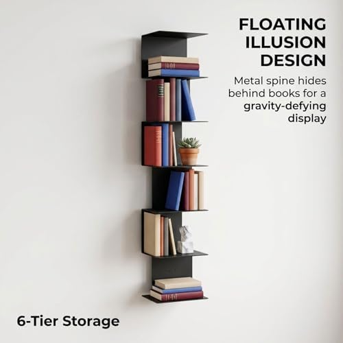Invisible Floating Bookshelf With Metal Spine Wall Mounted Storage For Books And Decor, Space-Saving Display Unit For Home And Office Use(Black,Large)