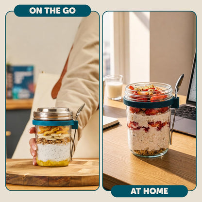 Overnight Oats Jars with Lids and Spoon - Glass Chia Pudding Containers - 16 oz Leakproof Mason Jar for Oatmeal - Wide Mouth To Go Meal Prep Cup with Measurement Markings - 1 Pack