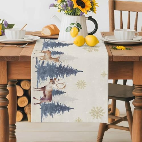 Christmas Table Runner Dresser Scarf 13 x 60 Inch Vintage PineTree Forest Elk Glod Snowflakes Linen Table Runners Non-Slip Heat Resistant Kitchen Dining Table Decor for Home Holidays Indoor Outdoor
