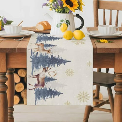 Christmas Table Runner Dresser Scarf 13 x 60 Inch Vintage PineTree Forest Elk Glod Snowflakes Linen Table Runners Non-Slip Heat Resistant Kitchen Dining Table Decor for Home Holidays Indoor Outdoor