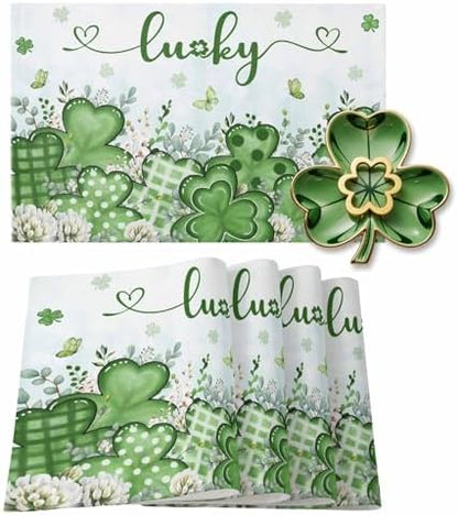 St. Patrick's Day Placemats Set of 6, Lucky Clovers Place Mats Washable Dining Table Mats Spring Holiday Party Decor for Kitchen&Linens Outdoor Indoor, Blue Green Shamrock Leaves