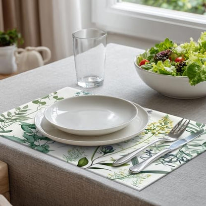 Batmerry Summer Green Sage Linen Placemats Set of 8, Vintage Plant Leaves Elegant Blue Wild Flowers Washable Table Mats for Kitchen Table Thickened Heat Insulation Dining Set Indoor Outdoor 12X18 in