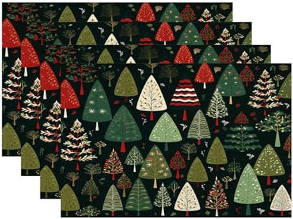 Batmerry Christmas New Year Linen Placemats Set of 4, Christmas Tree Cartoon Black Background Washable Table Mats for Kitchen Table Thickened Heat Insulation Dining Set Indoor Outdoor 12X18 in