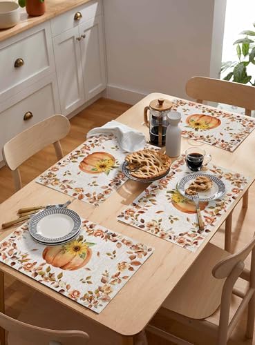 Boho Fall Placemat, Thanksgiving Watercolor Pumpkins Heat Resistant Washable Table Place Mats Sunflowers Eucalyptus Table Linens Party Holiday Decor for Home Kitchen Dining Outdoor Indoor,