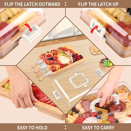 CAWIU Charcuterie Board with Lid and Handle - Portable Travel Design Bamboo Cheese Board Set with 4 Cheese Tools, Gift for Housewarming, Weddings, Picnics(8 Compartments, White)
