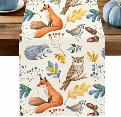 Fall Table Runner Autumn Animal Table Runners Harvest Thanksgiving Owl Bird Fox Leaves Cotton Linen Dresser Scarf Kitchen Dining Table Decor for Autumn Holiday Party Coffee 13x108 Inch