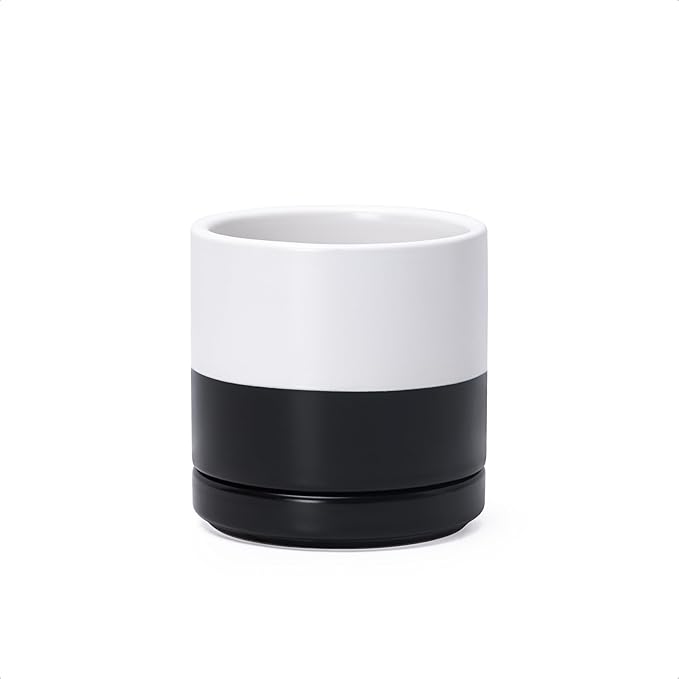 D'vine Dev 3.5 Inch Ceramic Planter Pot with Drainage Hole and Saucer, Indoor Cylinder Round Planter Pot, Layered Monochrome Black & White, 94-O-A-L