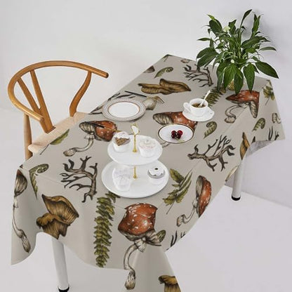 Vintage Woodland Mushroom Tablecloth, Nature Forest Plants Botanical Ferns Print Table Cloth for Farmhouse Kitchen Party Picnic Dinner Decor 60x120in