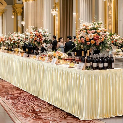 Wish Care 21ft Champagne Satin Long Table Skirt for Rectangle Tables Wrinkle Free Teacher Desk Skirt Glitter Ruffle Table Skirting Cloth for Back to School Classroom Office Birthday Party Table Decor