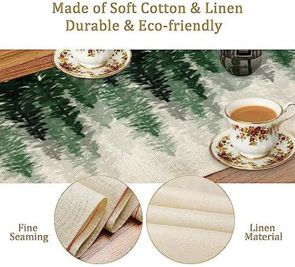 Green Forest Pine Trees Table Runner, Woodland Tabletop Scarf Home Kitchen Holiday Decor, Seasonal Farmhouse Rustic Dining Decorations Party Supply 13 X 70 Inch