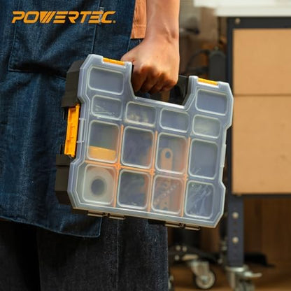 POWERTEC Small Parts Organizer & Tool Box – 14 Compartments, Stackable Storage with Interlocking Latch, Removable Dividers, Clear Lid, Portable Design (72364)