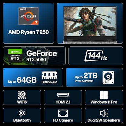 Lenovo LOQ Gaming Laptop, 15.6’’ FHD 144HZ Display, AMD Ryzen 7 250, NVIDIA GeForce RTX 5060, 16GB DDR5 RAM 1TB SSD, Backlit KB, WiFi 6, Win 11 Pro Bundled with Accessory