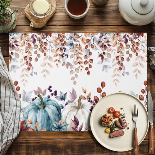 Fall Thanksgiving Placemats Set of 6, Watercolor Pumpkins Eucalyptus Leaves Heat Resistant Washable Linen Table Place Mats Party Holiday Decor for Home Kitchen Dining Outdoor Indoor, Blue Orange