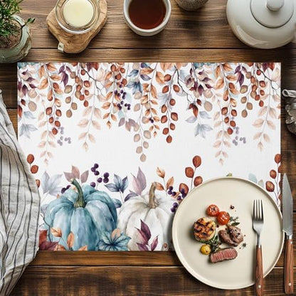 Fall Thanksgiving Placemats Set of 6, Watercolor Pumpkins Eucalyptus Leaves Heat Resistant Washable Linen Table Place Mats Party Holiday Decor for Home Kitchen Dining Outdoor Indoor, Blue Orange
