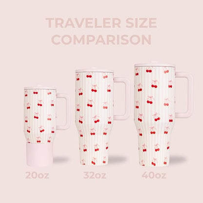 HydroJug Traveler - 40 oz Water Bottle with Handle & Flip Straw - Fits in Cup Holder, Leak Resistant Tumbler-Reusable Insulated Stainless Steel & Rubber Base - Gifts for Women & Men, Sweet Cherry