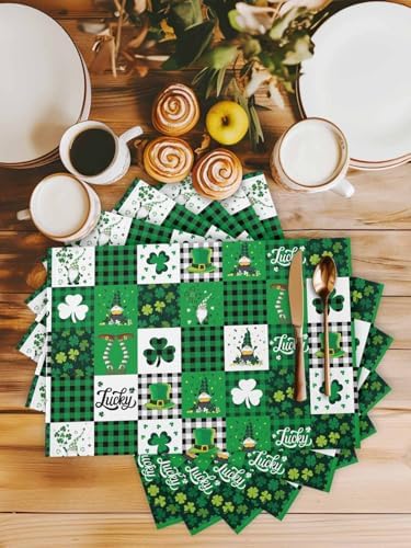 St Patrick's Day Placemats Set of 4,Lucky Shamrock Clover Gnomes Cotton Linen Heat Resistant Table Mats Green Black White Buffalo Gingham Plaid Washable Spring Holidays Decorations For Kitchen Dining