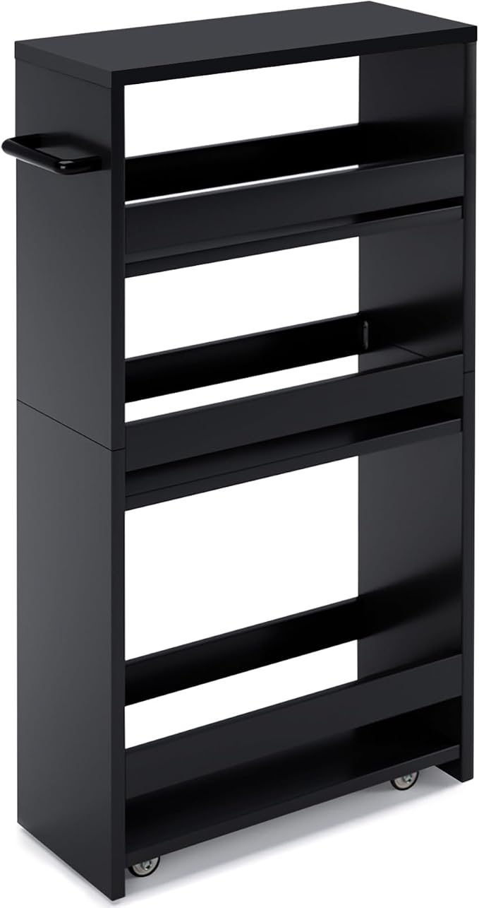 MARTY Slim Rolling Storage Cart 4-Tier Kitchen Cart with Wheels, Laundry Room Storage with Handle Slide Out Utility Cart Shelving Unit Organizer Trolley for Narrow Places Bathroom Small Corner, Black