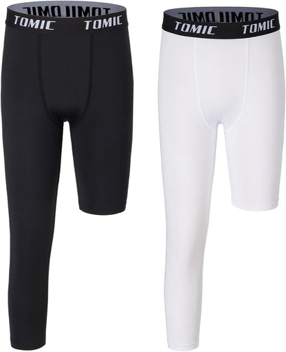 Tomic Youth Boys Kids One Leg 3/4 Leggings Compression Pants for Basketball Soccer Sports Athletic Training Tights Base Layer