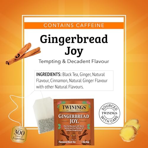 Twinings Gingerbread Joy Black Tea Individually Wrapped Bags, 20 Count (Pack of 1), Ginger & Cinnamon, Caffeinated, Enjoy Hot or Iced, 20 Teabags