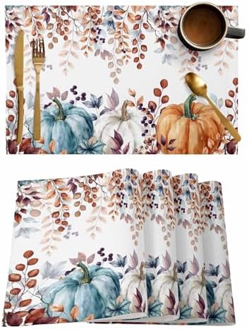 Fall Thanksgiving Placemats Set of 4, Watercolor Pumpkins Eucalyptus Leaves Heat Resistant Washable Linen Table Place Mats Party Holiday Decor for Home Kitchen Dining Outdoor Indoor, Blue Orange