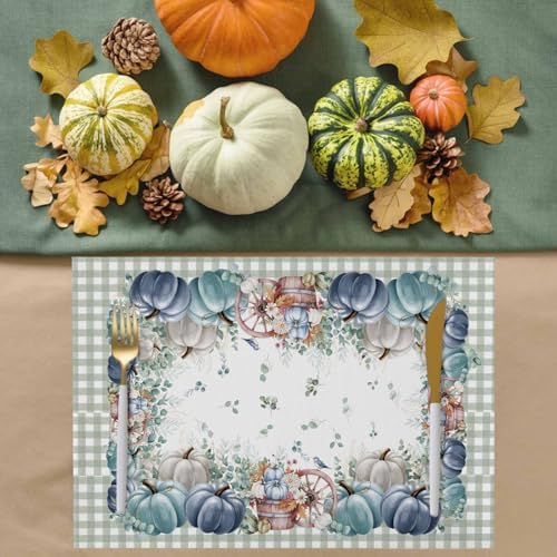 Fall Thanksgiving Placemats Set of 6, Navy Blue Pumpkins Green Eucalyptus Leaves Heat Resistant Washable Table Place Mats Sage Farmhouse Plaid Table Linens Decor for Home Kitchen Dining Outdoor Indoor