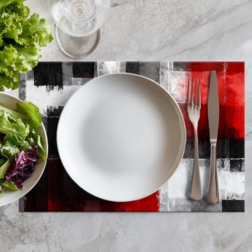 Batmerry Abstract Art Colorful Painting Linen Placemats Set of 6, Modern Art Black and Red Washable Table Mats for Kitchen Table Thickened Heat Insulation Dining Set Indoor Outdoor 12X18 in