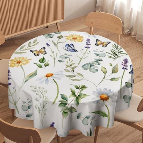 Watercolor Wildflowers Tablecloth, Summer Daisy Lavender Eucalyptus Branches Leaves Print Table Cover for Tea Party Weddings Indoor Outdoor Dining, 36x36in