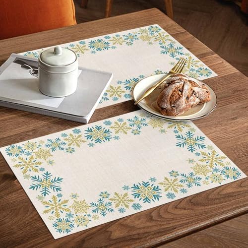 Gold Blue Snowflakes Christmas Placemats Set of 4, Winter Xmas Holiday Heat Resistant Washable Table Place Mats Beige Cotton Table Linens Party Holiday Decor for Kitchen Dining Outdoor Indoor