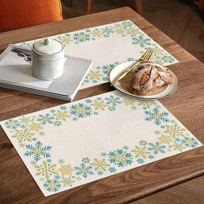 Gold Blue Snowflakes Christmas Placemats Set of 4, Winter Xmas Holiday Heat Resistant Washable Table Place Mats Beige Cotton Table Linens Party Holiday Decor for Kitchen Dining Outdoor Indoor