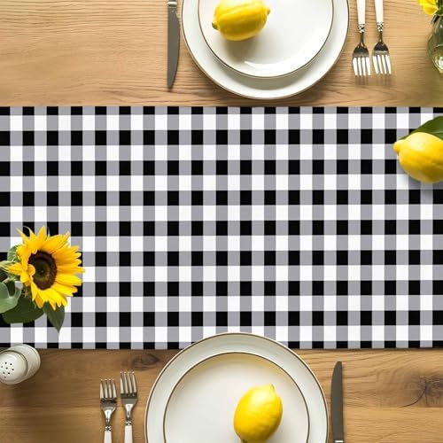 Farm Animals Chicken Table Runner Dresser Scarf 13 x 120 Inch Black White Buffalo Plaid Linen Table Runners Non-Slip Heat Resistant Kitchen Dining Table Decor for Home Holidays Indoor Outdoor