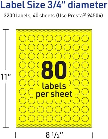 Avery Printable Round Labels, Sure Feed Technology, 3/4" Diameter, Neon Yellow Labels, Print-to-the-Edge, Laser/Inkjet, 3,200 Total, Great for Price Stickers and Mailing Seals