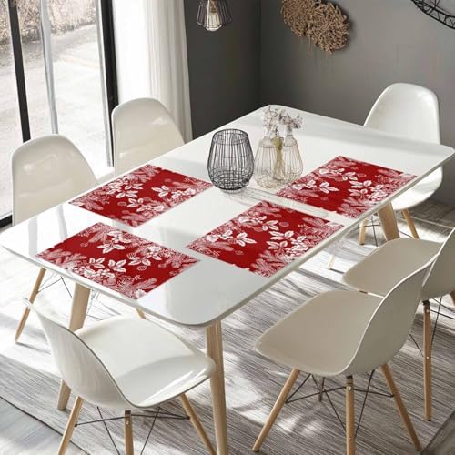 Red Christmas Placemats Set of 6, Floral Pine Leaf Xmas Balls Heat Resistant Washable Table Place Mats White Winter Holidays Cotton Table Linens Party Holiday Decor for Kitchen Dining Outdoor Indoor