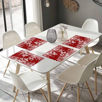 Red Christmas Placemats Set of 6, Floral Pine Leaf Xmas Balls Heat Resistant Washable Table Place Mats White Winter Holidays Cotton Table Linens Party Holiday Decor for Kitchen Dining Outdoor Indoor