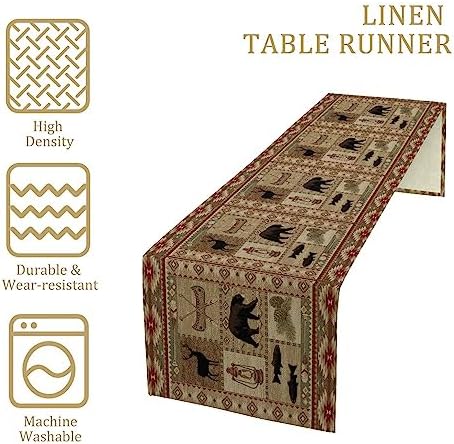Vintage Rustic Cabin Bear Table Runner,Cottage Country Style Pine Tree Elk Wildlife Dinner Runner for Home Kitchen Dining Table Decoration 13"x60"
