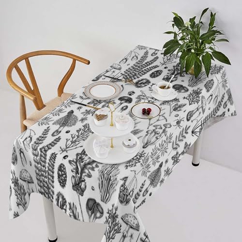 Vintage Mushroom Tablecloth, Black White Nature Forest Fern Leaves Autumn Plants Botanical Print Table Cover for Home Dining Decor Kitchen Party Outdoor 60x110in