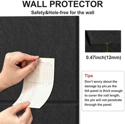 Felt Wall Tiles Bulletin Board Large Cork Board Alternative 6 Pack 11.81”x11.81”x0.47” Felt Pin Board Tack Board with Safe Removable Adhesive Tabs for Home Office School 36x24 (Black)