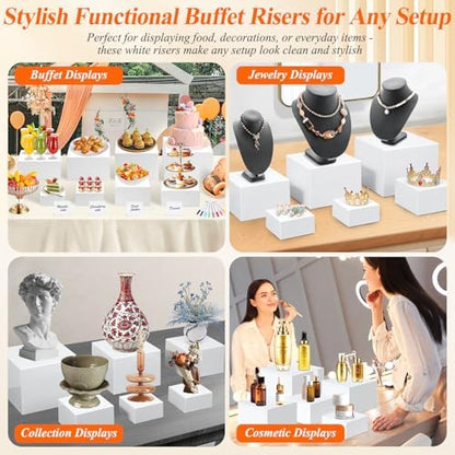 11 Pcs White Acrylic Buffet Risers and Stand with Mini Table Sign and Maker