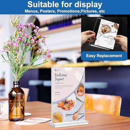 Acrylic Sign Holder 5.5 x 8.5, 10 Pack Double-Sided Stand up Table Top Clear Sign Holders, T Shape Plastic Acrylic Picture Frame Menu Flyer Paper Holder Display Stands for Office Store Wedding Party