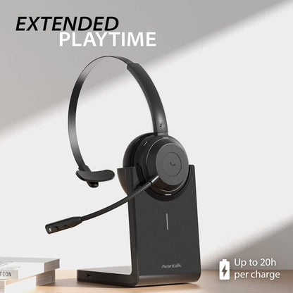 Alto Solo - Wireless Headset with Mic for Work with Qualcomm Bluetooth Solution, CVC Noise-Canceling for PC, Computer & Laptop, Charging Stand, Mute Button, Wired Headphones Option