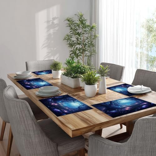 Batmerry Night Forest Glowing Elements Linen Placemats Set of 4, Mysterious Night Forest Scene Washable Table Mats for Kitchen Table Thickened Heat Insulation Dining Set Indoor Outdoor 12X18 in