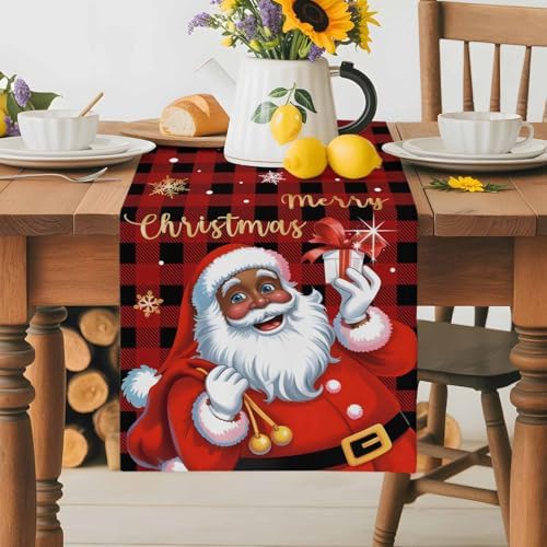 Black Santa Claus Table Runner Dresser Scarf 13 x 108 Inch Merry Christmas Snowflake Red Black Plaid Table Runners Non-Slip Heat Resistant Kitchen Dining Table Decor for Home Holidays Indoor Outdoor