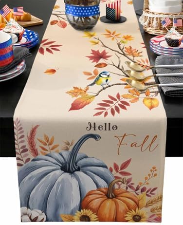 Fall Table Runner Hello Fall Pumpkin Table Runners Harvest Thanksgiving Maple Leaves Sunflower Bird Cotton Linen Dresser Scarf Kitchen Dining Table Decor for Autumn Holiday Party Coffee 13x48 Inch